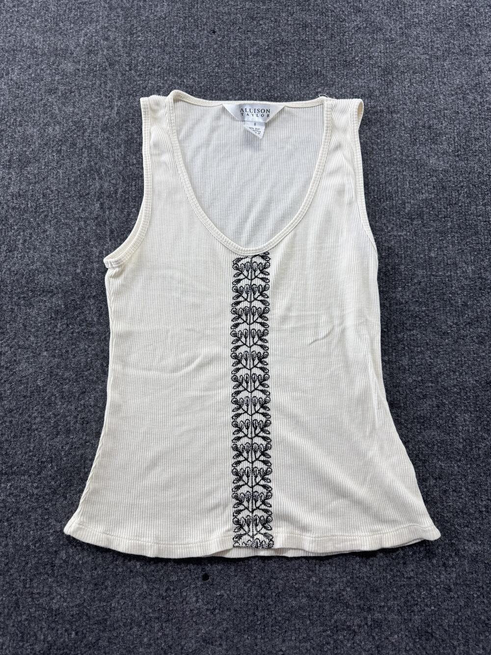 Allison Taylor Tank Top Womens Small White Silk Cotton V Neck Embroidered Ribbed